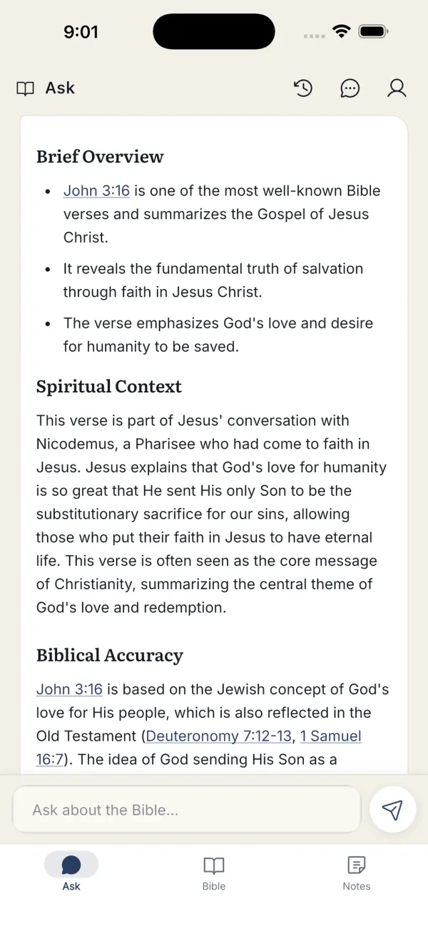 An answer about John 3:16 split into Brief Overview, Spiritual Context and Biblical Accuracy sections
