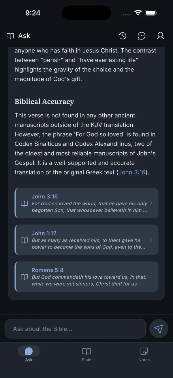 The Ask screen in dark mode