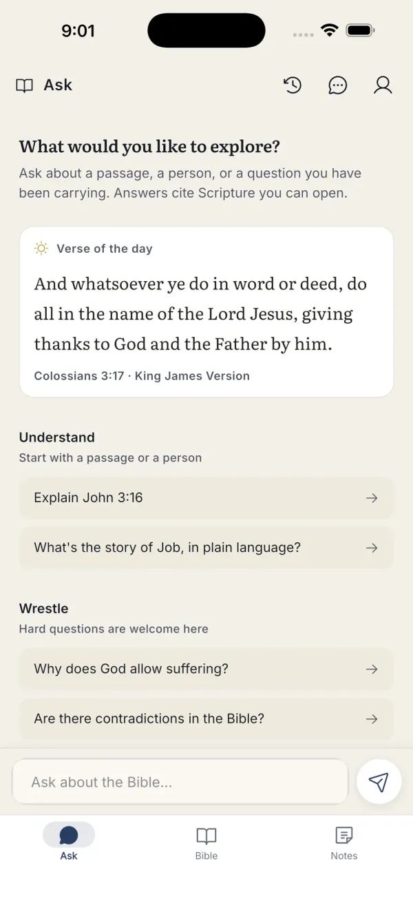 Ask screen with today's verse and starter prompts