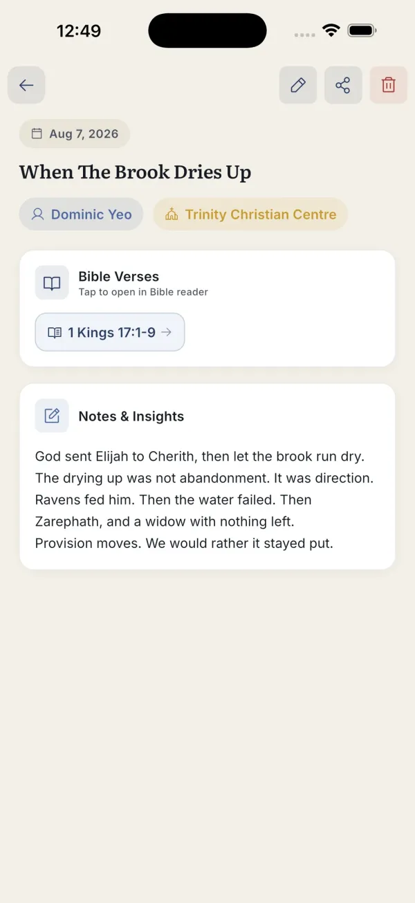 A sermon note with its speaker, church, attached passage and written reflections