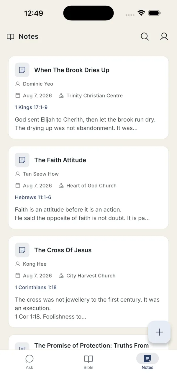 A list of saved sermon notes