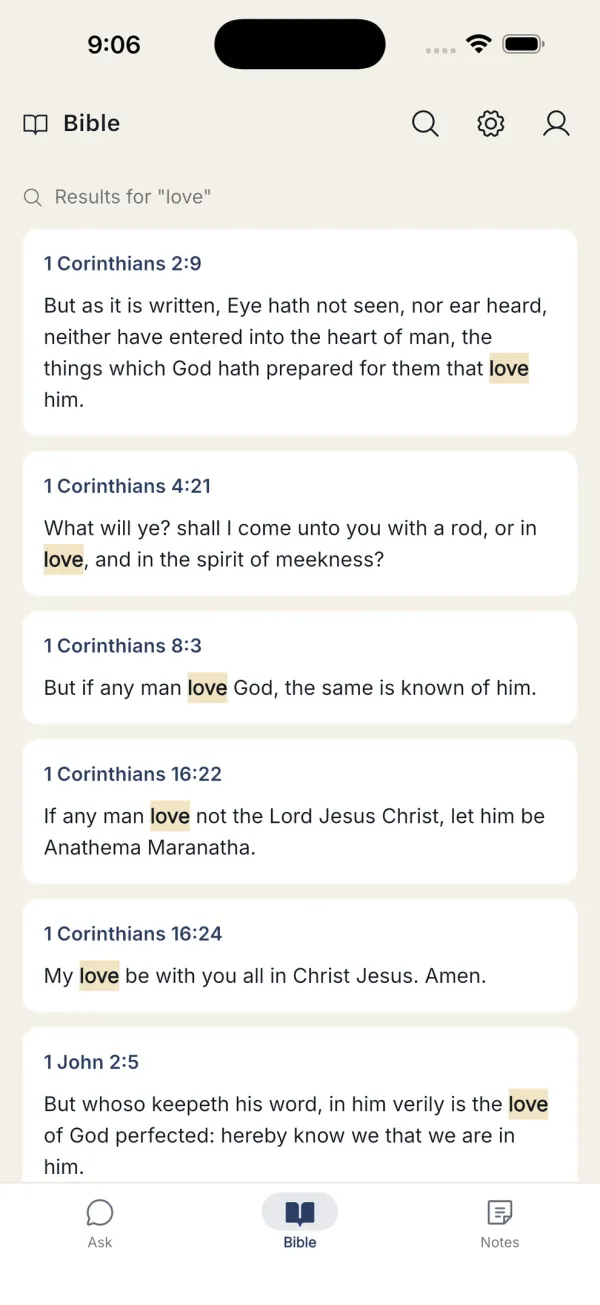 Search results for the word love with matches highlighted