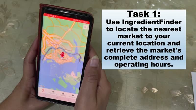 A hand holding a phone running IngredientFinder, showing a map with a market pin